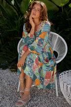 Floral Check Bubble-Sleeve Ruffle-Hem Dress