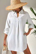 Striped Collared Long-Sleeve Beach Cover-Up