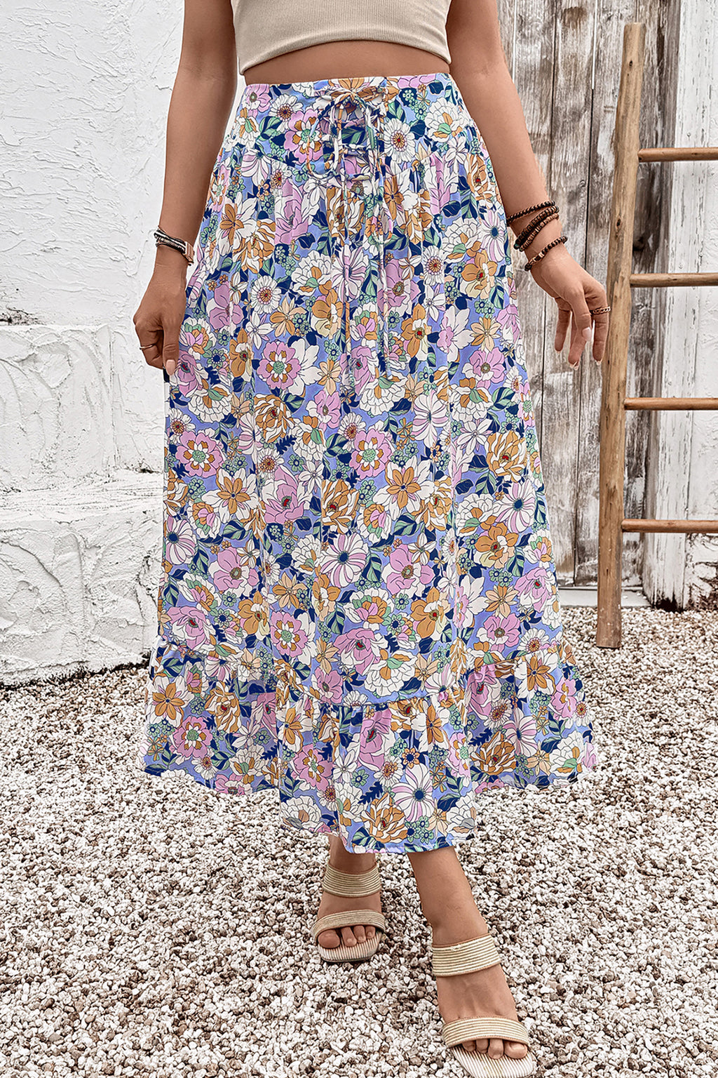 Floral Print Drawstring Ruffle-Hem Maxi Skirt