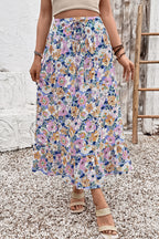Floral Print Drawstring Ruffle-Hem Maxi Skirt