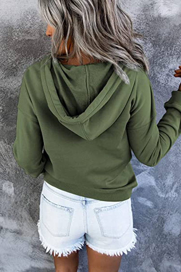Button-Placket Drawstring Hooded Sweatshirt
