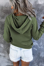 Button-Placket Drawstring Hooded Sweatshirt