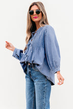 Blue Denim Pintuck Bow Tie Puff Sleeve Top