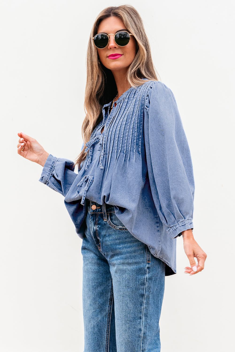 Blue Denim Pintuck Bow Tie Puff Sleeve Top