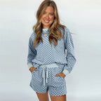 Plaid Long-Sleeve Top and Shorts Two-Piece Set