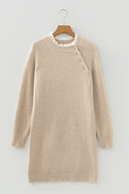 Beige Button and Lace Detail Raglan Sleeve Mini Sweater Dress