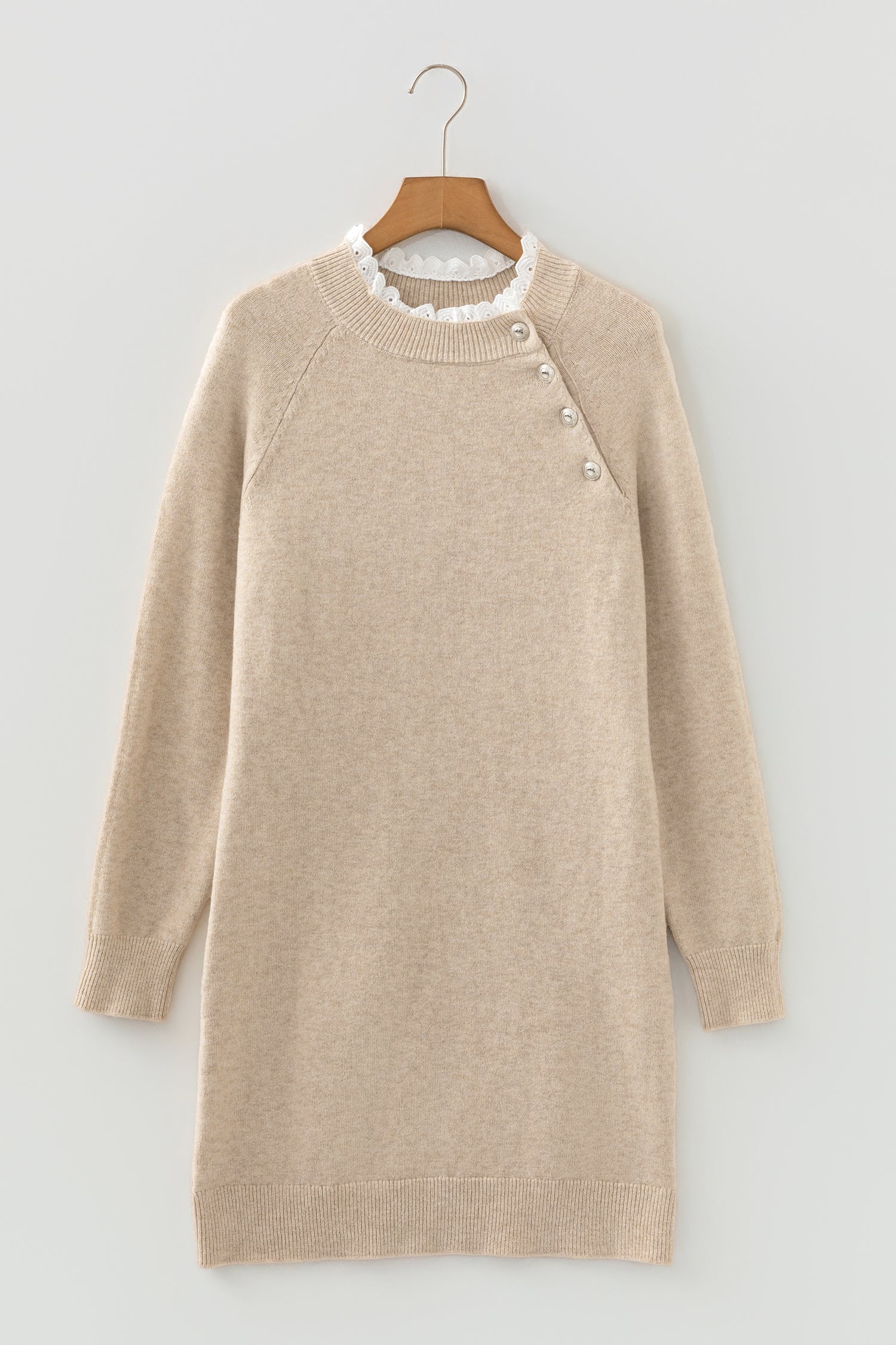 Beige Button and Lace Detail Raglan Sleeve Mini Sweater Dress