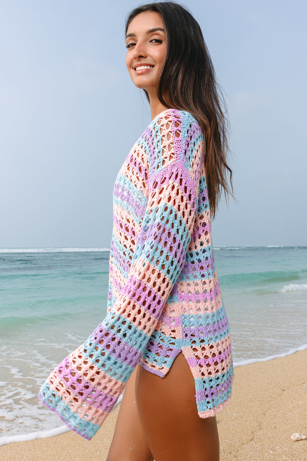 Multi-Stripe Open-Knit Beach Cover-Up