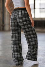 Plaid Contrast Drawstring Wide-Leg Pants