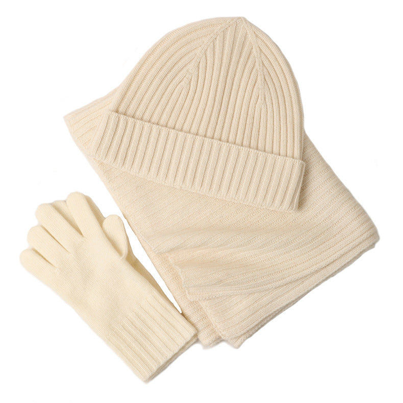 Ribbed Wool Beanie, Scarf and Gloves Set