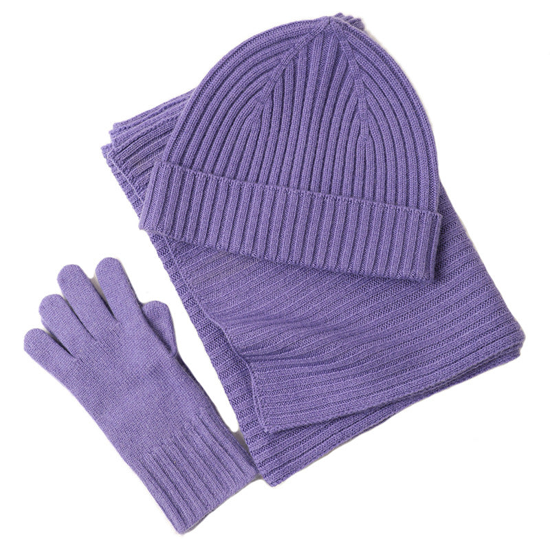 Ribbed Wool Beanie, Scarf and Gloves Set