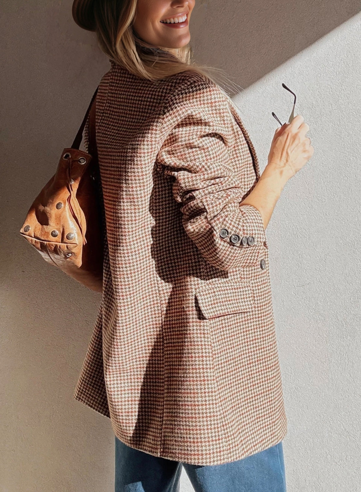 Houndstooth Lapel-Collar Blazer