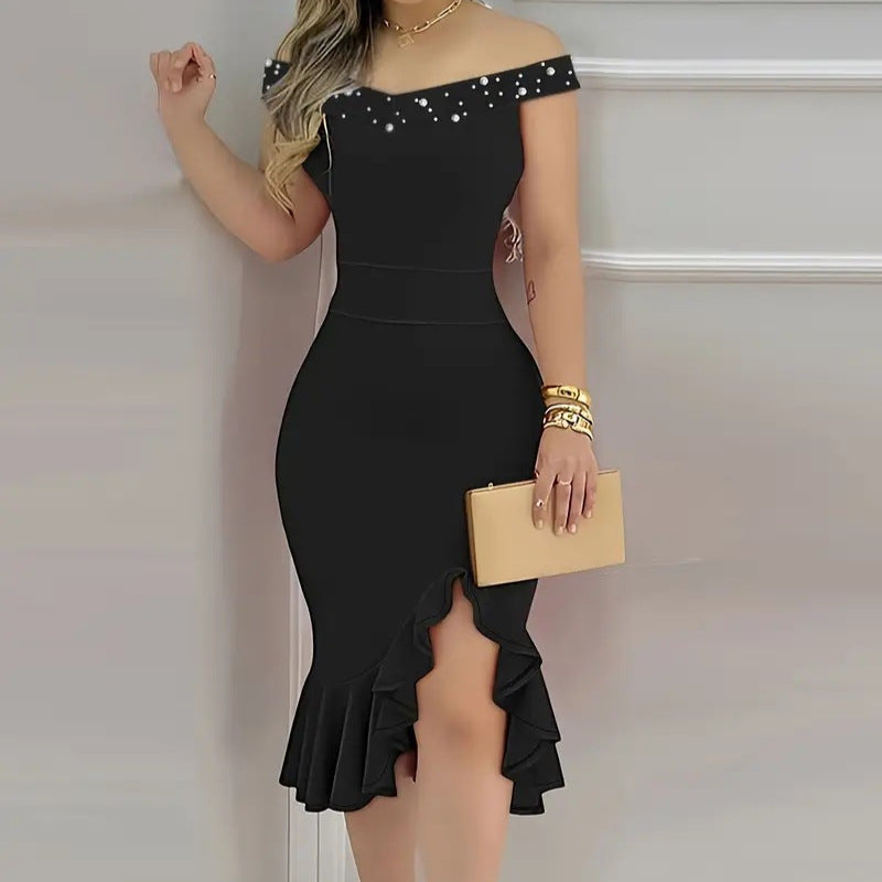 Off-Shoulder Ruffled Sheath Midi Dress
