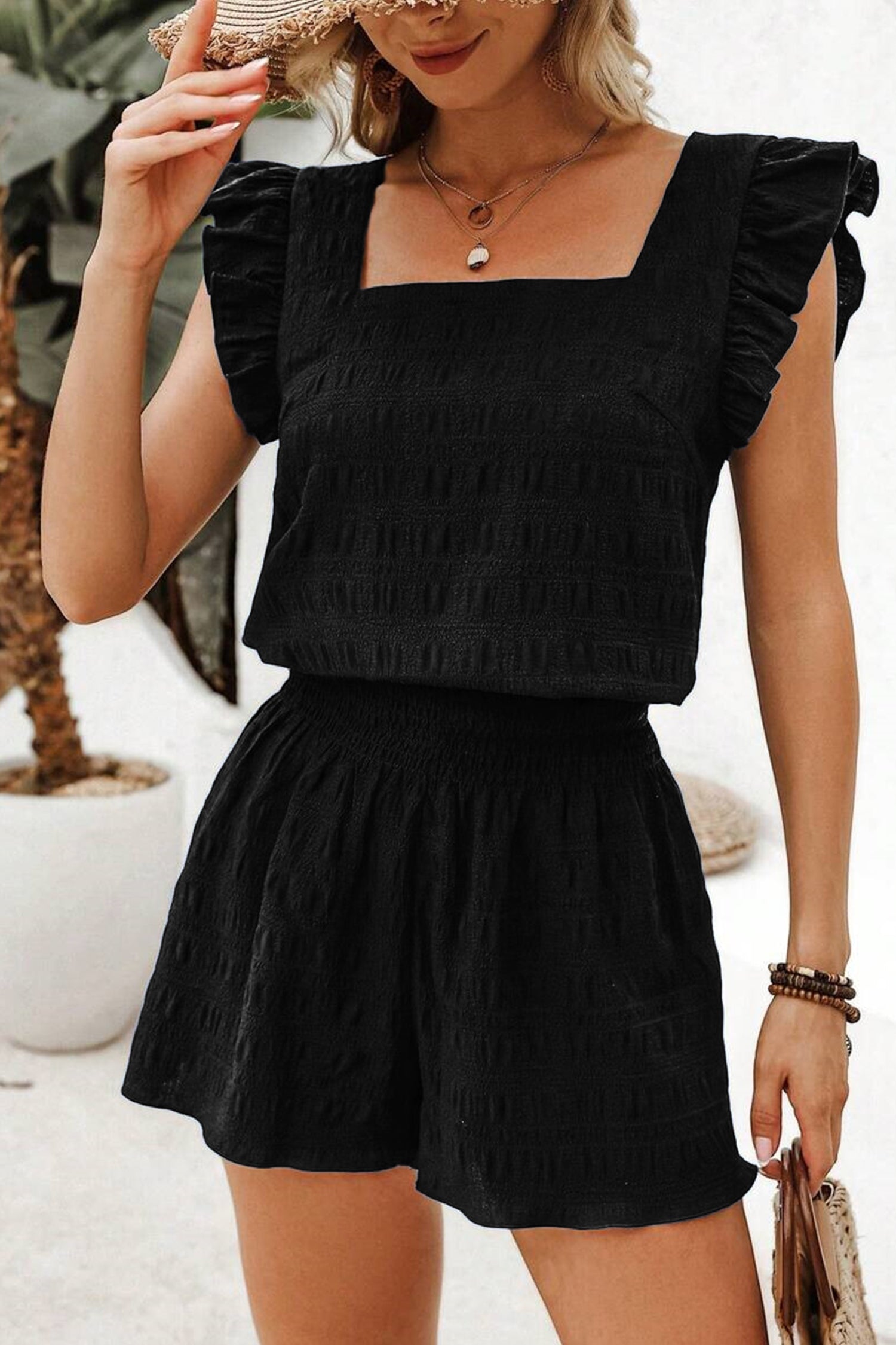 Textured Square-Neck Top and Shorts Set