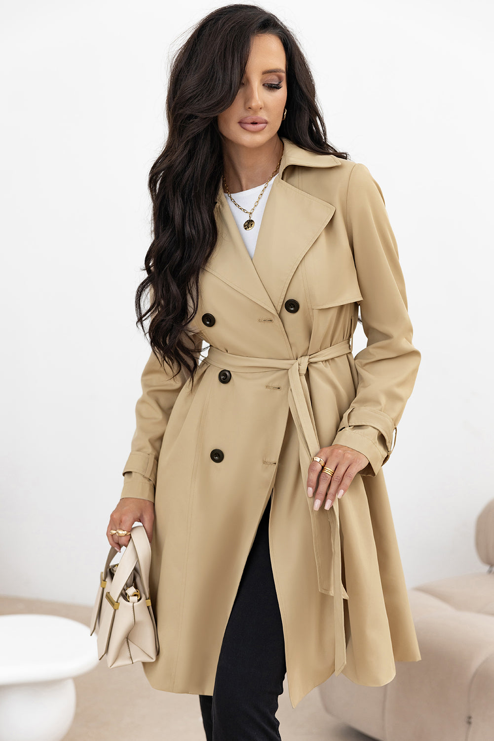 Lapel-Collar Waist-Tie Long Coat