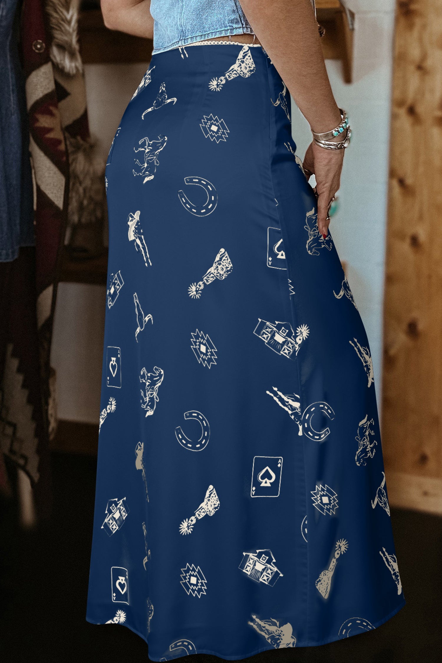Western-Print Satin Maxi Skirt