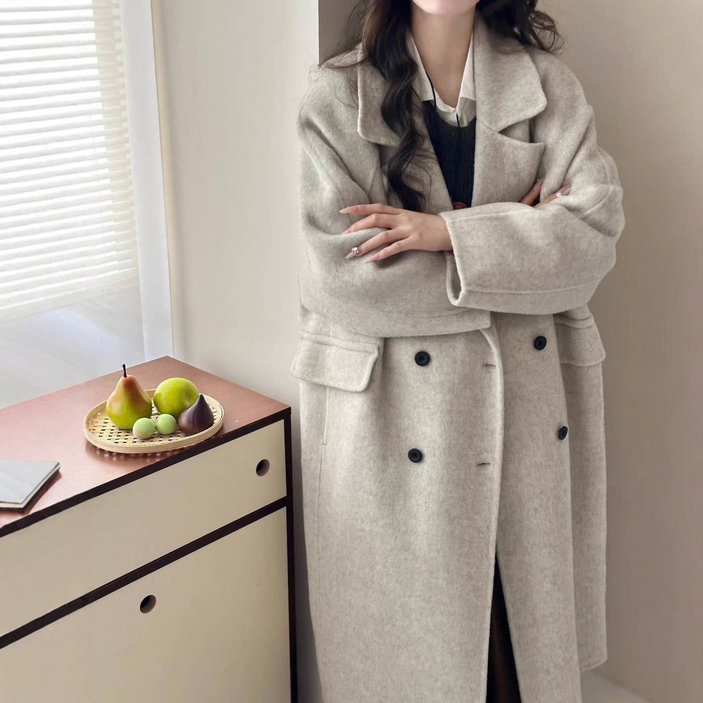 Raglan-Sleeve Double-Faced Wool Long Coat