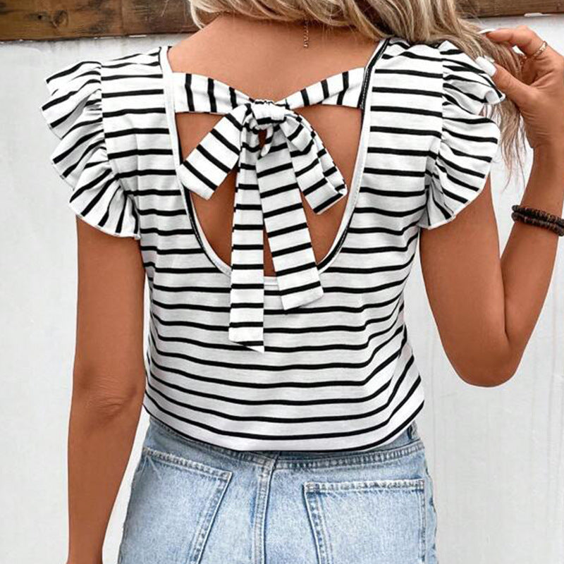 Striped Flutter-Sleeve Tie-Back Top