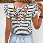 Striped Flutter-Sleeve Tie-Back Top