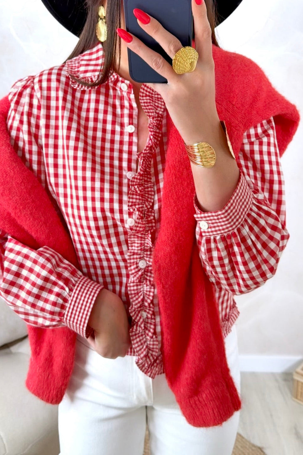 Plaid Frill Detail Button-Down Shirt