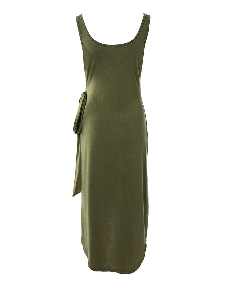 V-Neck Bandage Midi Dress with Asymmetric Hem