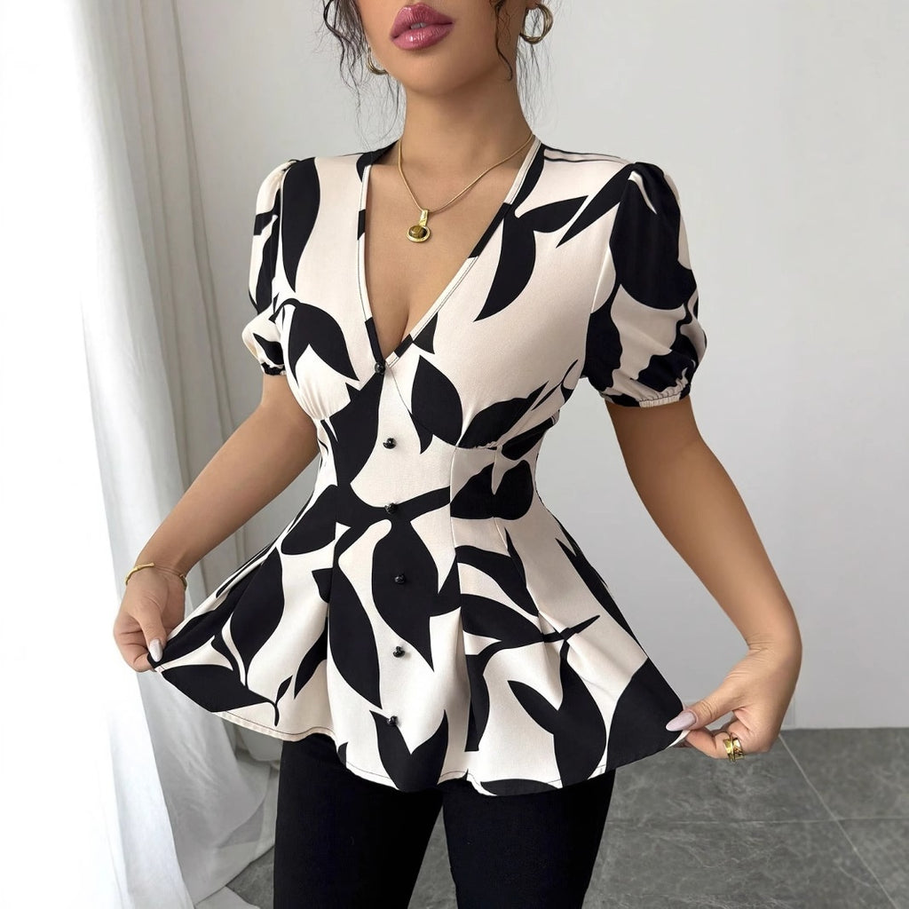 Abstract Print Puff-Sleeve Peplum Blouse