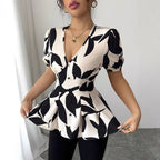 Abstract Print Puff-Sleeve Peplum Blouse