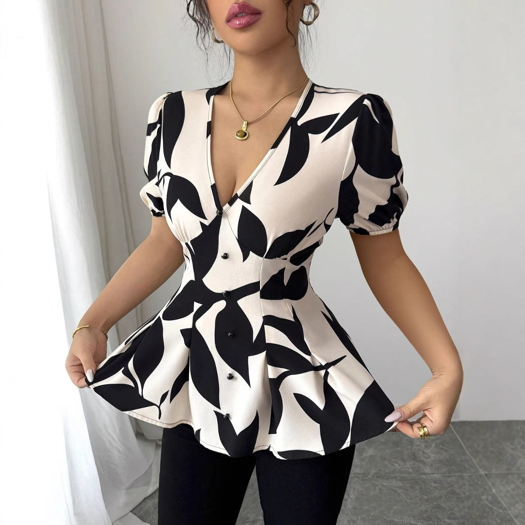 Abstract Print Puff-Sleeve Peplum Blouse