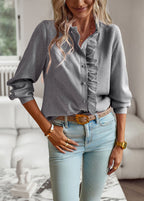 Striped Ruffle-Front Button-Up Shirt