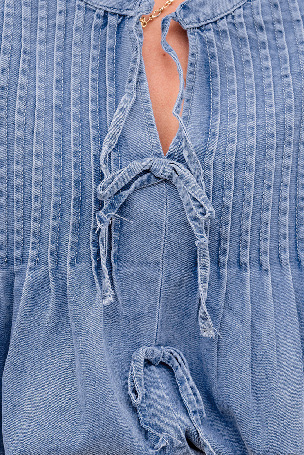 Blue Denim Pintuck Bow Tie Puff Sleeve Top