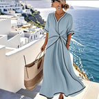 Contrast-Trim Twist-Front Maxi Dress
