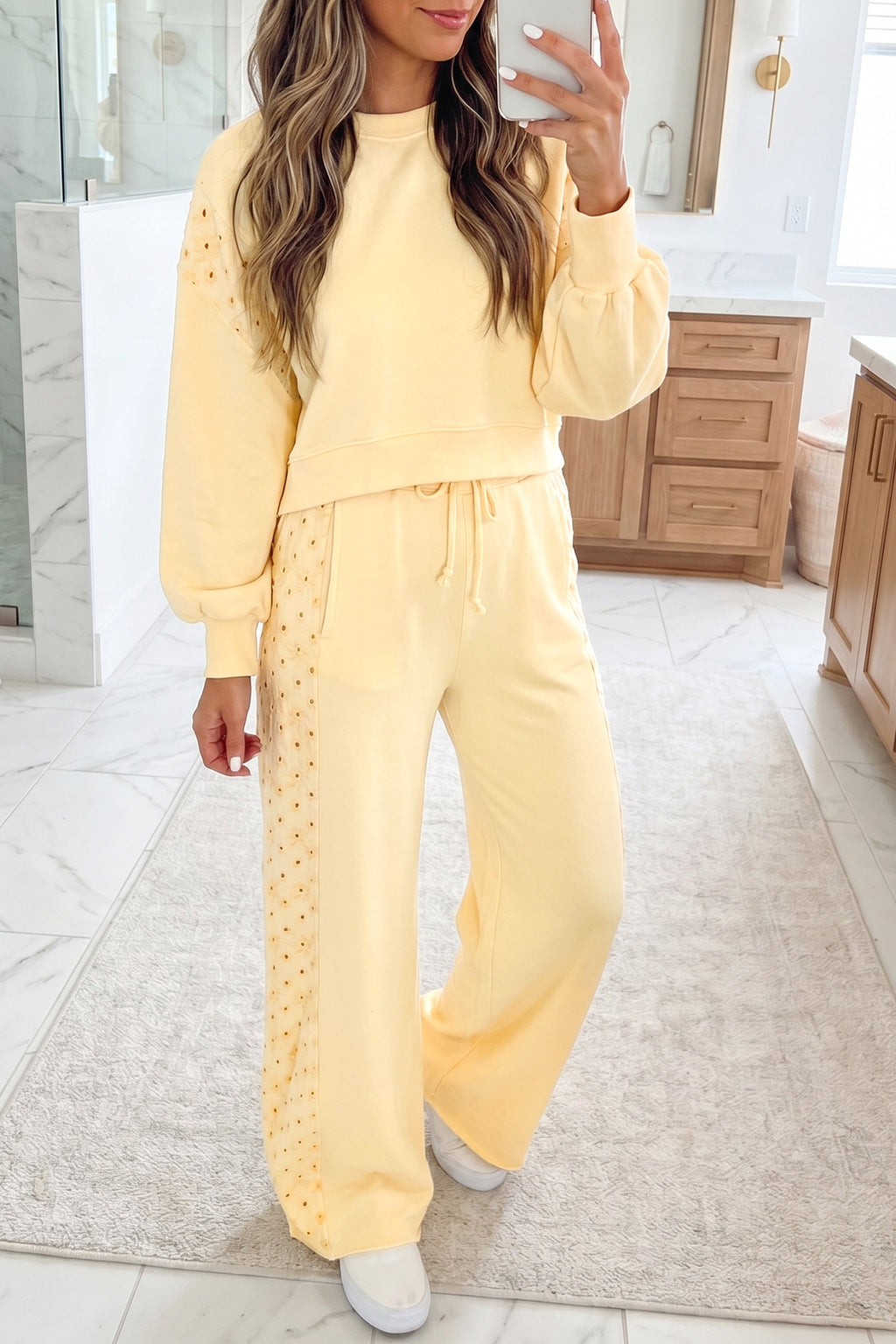 Eyelet Lace Cropped Pullover and Drawstring Pants Set