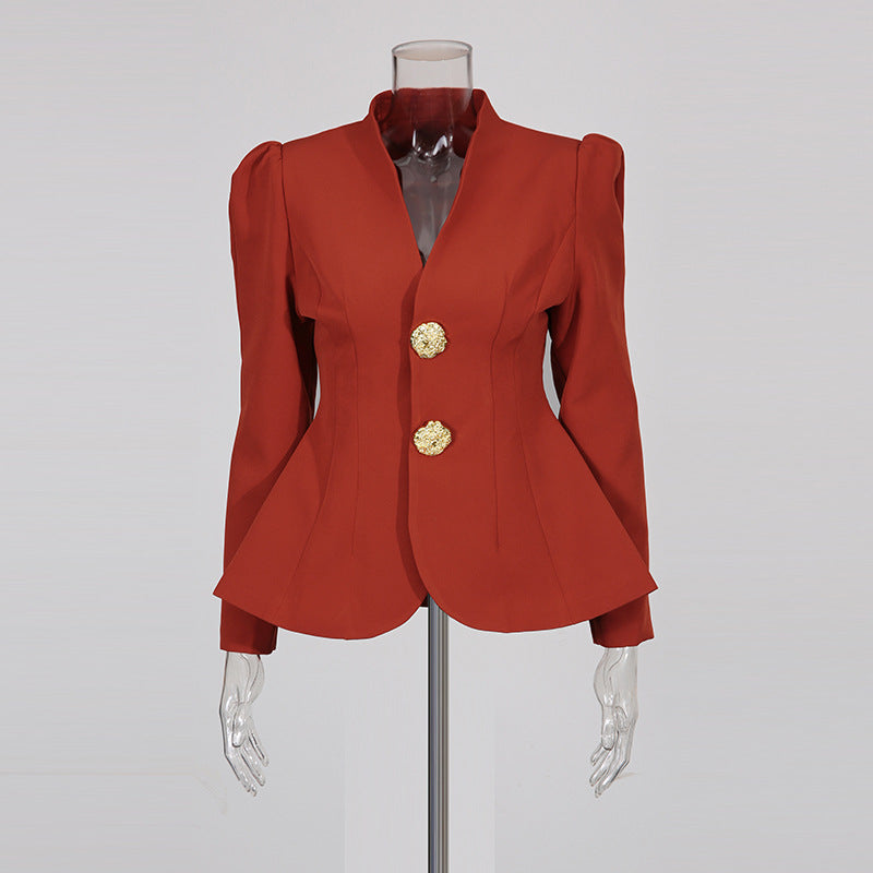 Puff-Sleeve Peplum Blazer and Pants Two-Piece Set
