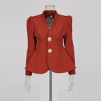 Puff-Sleeve Peplum Blazer and Pants Two-Piece Set