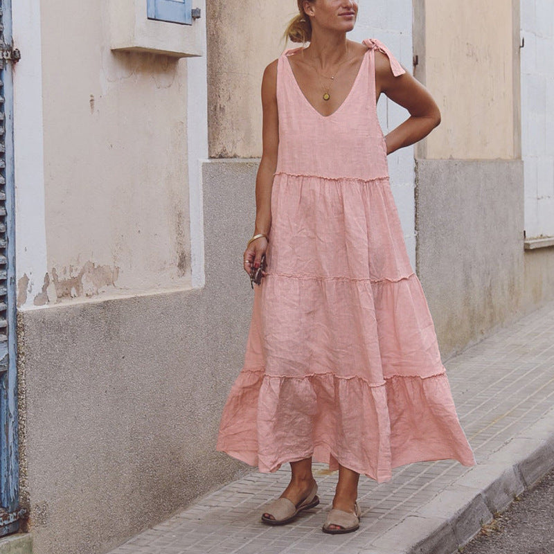 Tie-Shoulder Tiered Ramie Cotton Maxi Dress