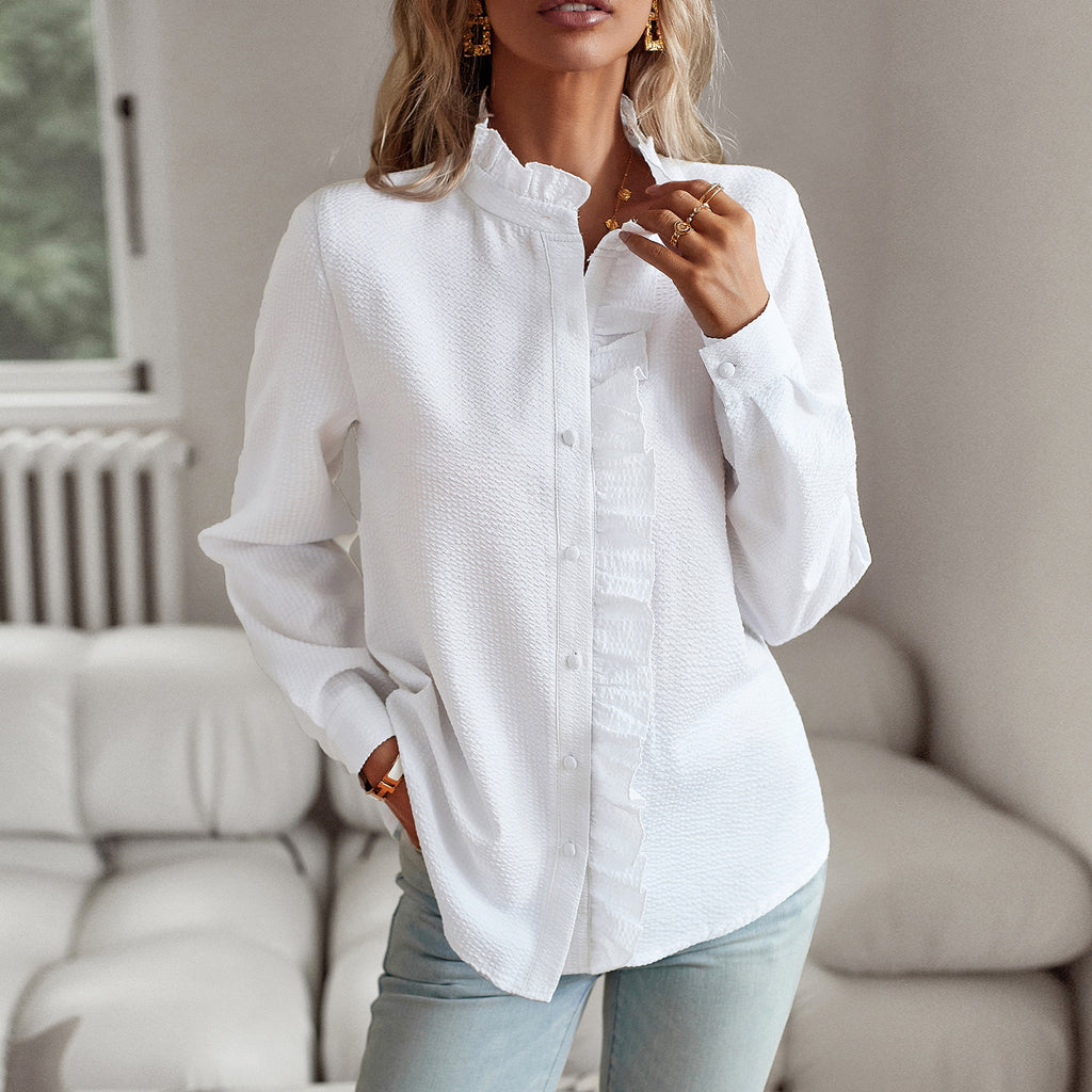 Striped Ruffle-Front Button-Up Shirt
