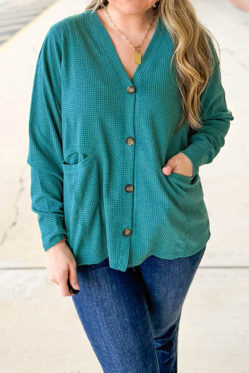 Waffle-Knit Button-Front Tunic Cardigan