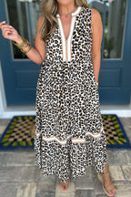 Leopard Print Colorblock Trim Sleeveless Midi Dress