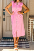 V-Neck Sleeveless Zip-Front Shift Midi Dress