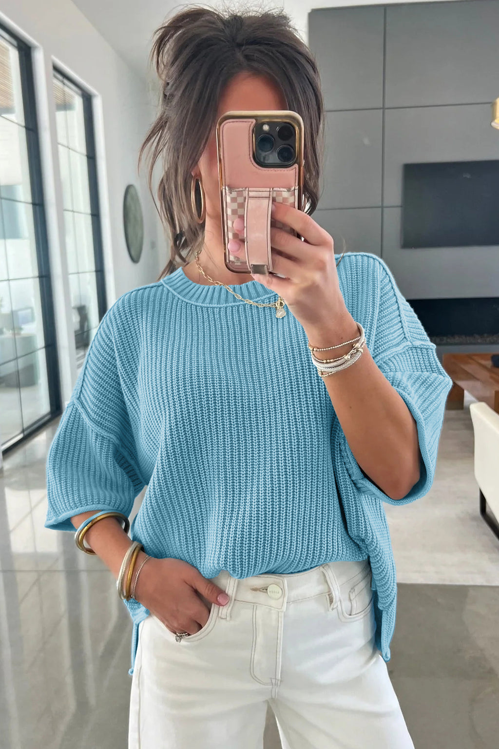 Blue Exposed Seam Half Sleeve Relaxed Sweater