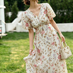 Floral Print Puff-Sleeve Silk Maxi Dress
