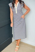 Striped Ruffle-Sleeve Notched-Neck Midi Dress