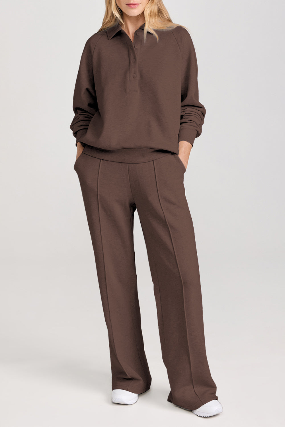 Collared Sweatshirt and High-Waist Pants Set