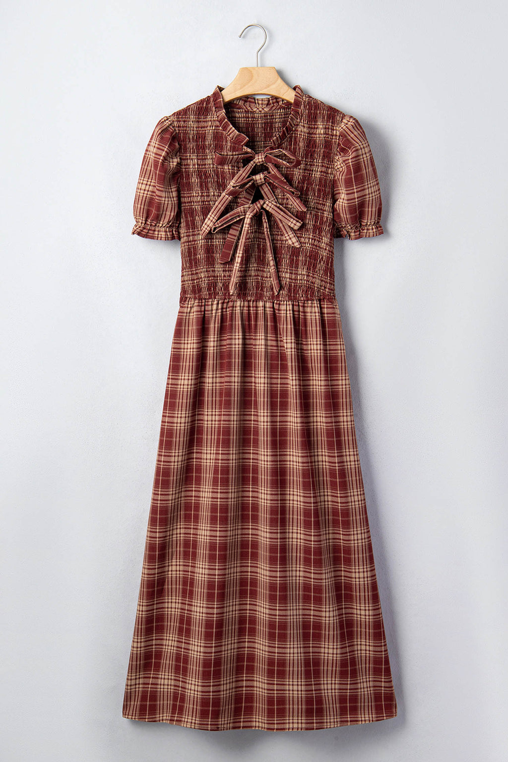Plaid Knot-Front Smocked Midi Dress