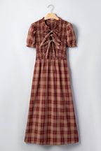 Plaid Knot-Front Smocked Midi Dress