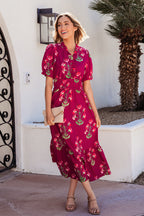 Red Floral Ruffle V Neck Short Sleeve Maxi Dress
