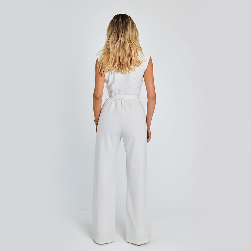Belted V-Neck Sleeveless Wide-Leg Jumpsuit