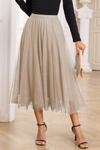 Tulle Overlay Flared Midi Skirt