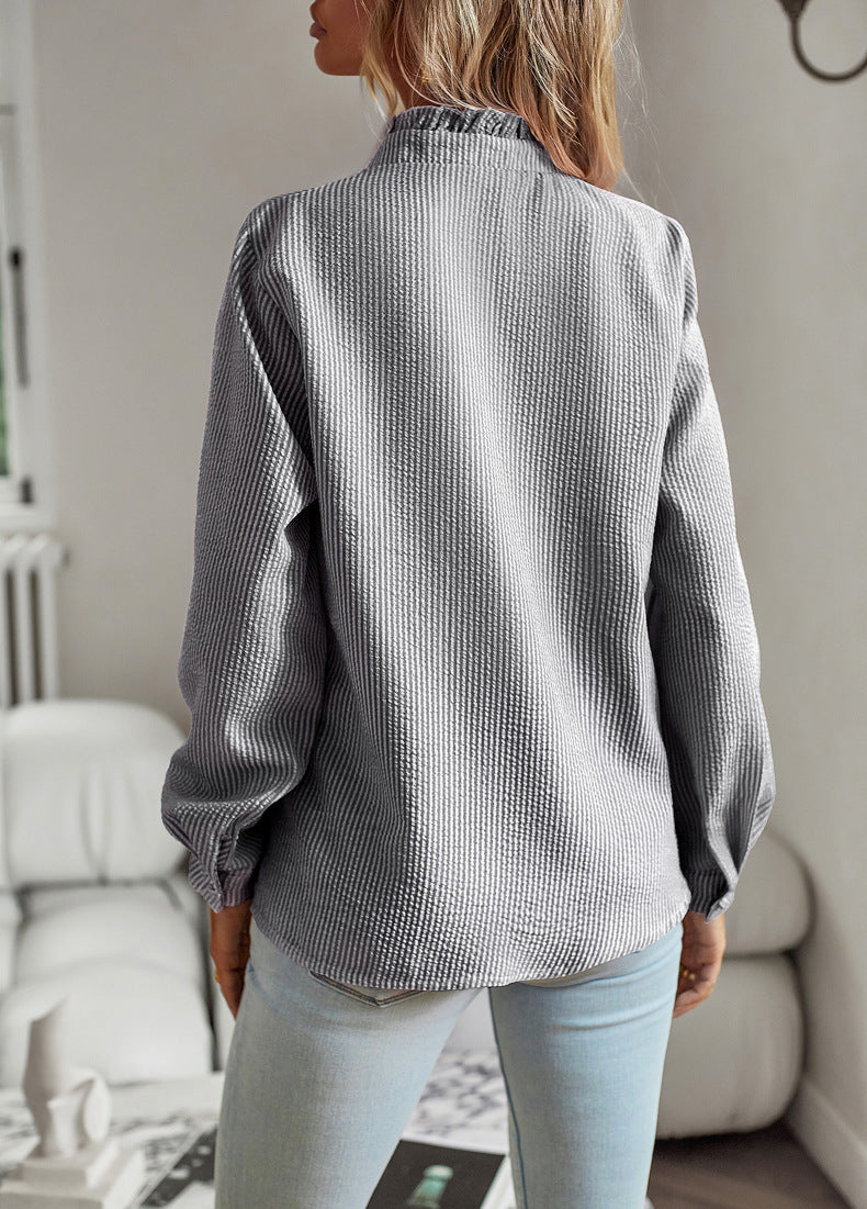 Striped Ruffle-Front Button-Up Shirt