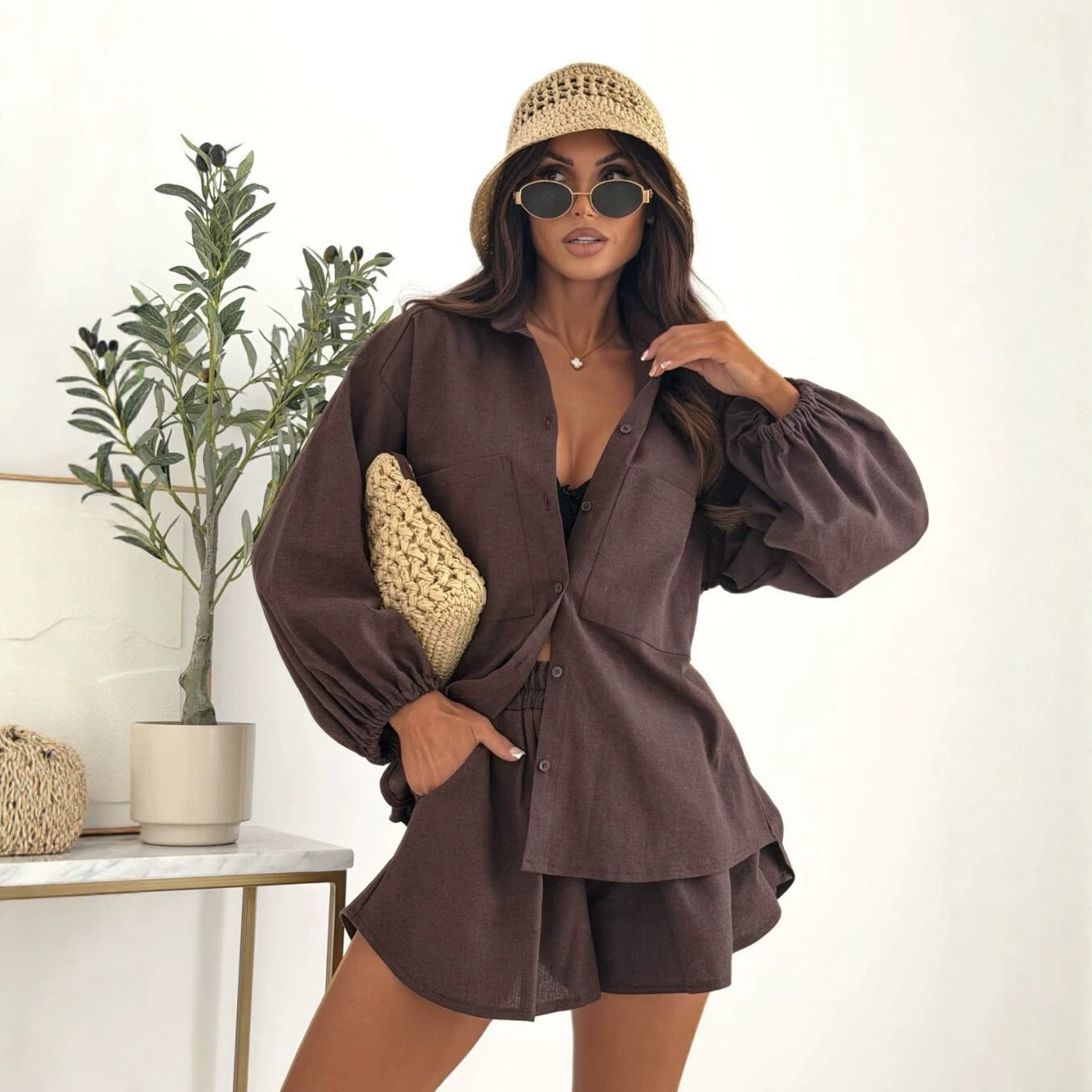 Oversized Button-Front Shirt and Shorts Set